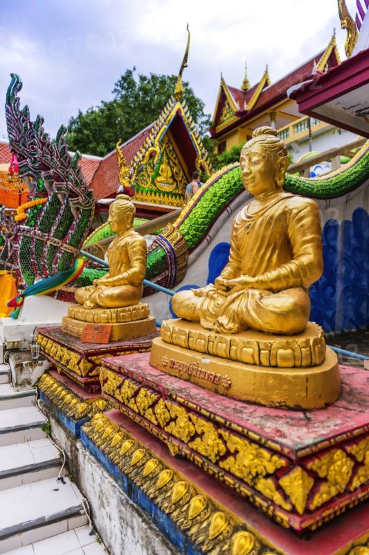 Sculptures at Wat Phra Yai, Buddhist Temple, Big Buddha Temple, religion, Buddhism, figure, statue, sculpture, worship, God, sacred, world religion, spiritual, Buddha, Asian, deity, human figure, monument, sage, wisdom, image, religious, travel, tourism, art, history, cultural history, cult, icon, architecture, gold, golden, gilded, culture, peaceful, faith, monument, public, Koh Samui, Thailand, Asia