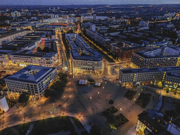Postplatz with Wallstraße, Dresden Night aerial view, Dresden, Saxony, Germany, Europe