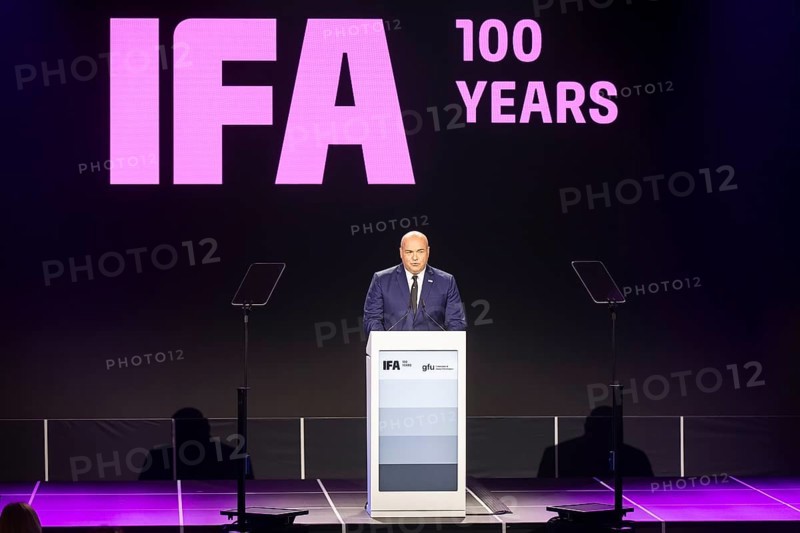 Leif-Erik Lindner, Managing Director of IFA Management GmbH speaks at the opening gala for 100 years of IFA in the CityCube, Berlin, 05/09/2024
