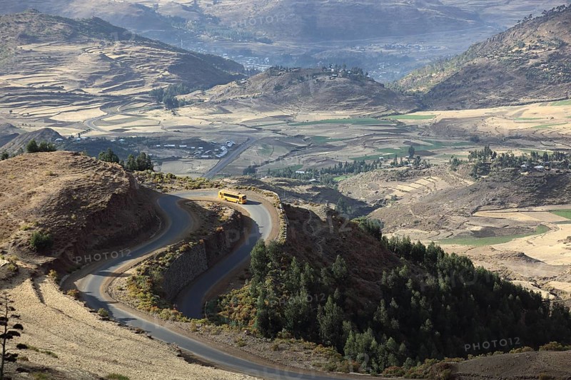 Mountain landscape, bus on a winding road in the highlands between Mekele and Lalibela, Ethiopia, Africa