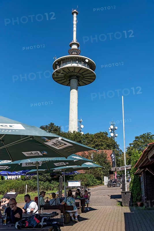 Telecommunications tower of Deutsche Telekom, transmission tower with antennas, kiosk, snack bar with terrace, viewpoint at the summit, Hoherodskopf mountain, excursion destination, Schotten, Vogelsberg Volcano Region nature park Park, Hesse, Germany, Europe