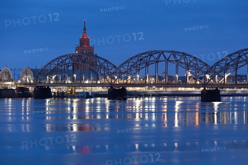 Academy of Sciences, Central Market, railway bridge over the Daugava, morning mood, blue hour, Riga, Latvia, Europe