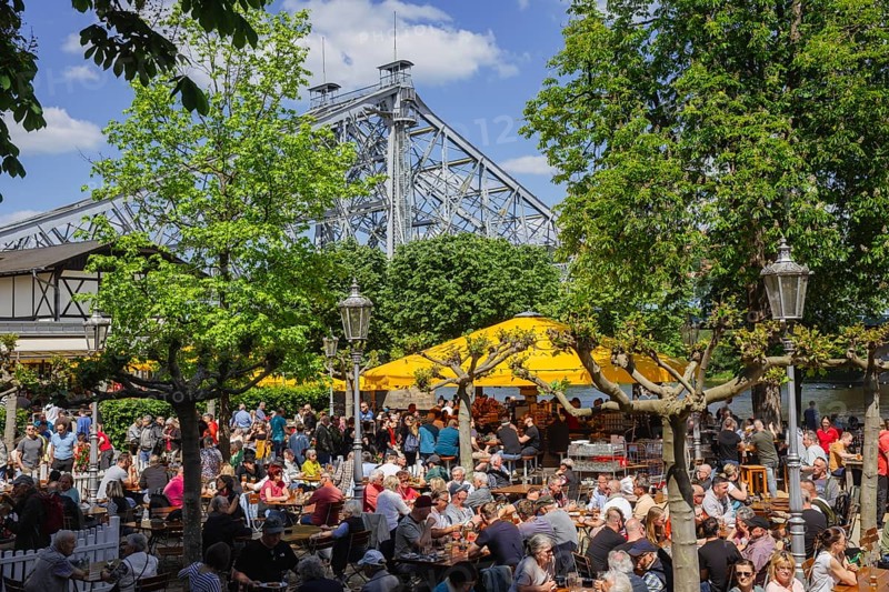 Groups of men on their way to the Men's Day on the Dresden Elbe cycle path, here the packed Schillergarten, Dresden, Saxony, Germany, Europe
