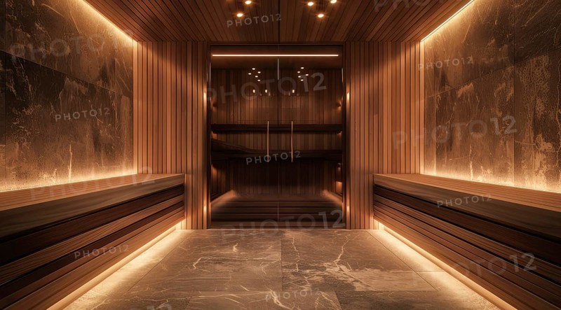 A luxury spa sauna wellness room with a large marble bathtub and a fireplace, AI generated