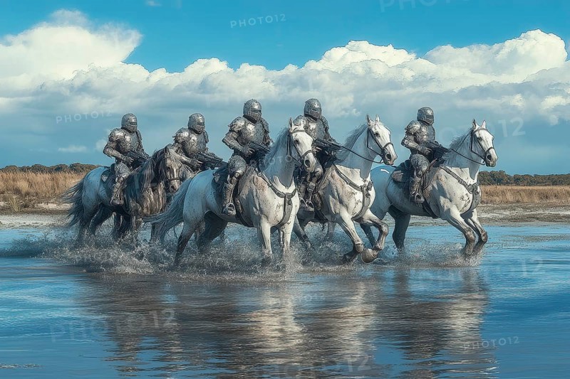 Cyborg soldiers in full battle armor riding white horses in water, AI generated