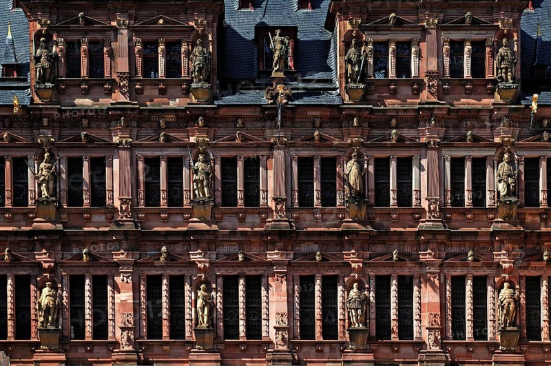 Heidelberg castle ruins, destroyed in 1689, façade of the Friedrichsbau, (built between 1601 and 1607, the statues are ancestors of the electors, castle courtyard, Heidelberg, Baden-Württemberg, Germany, Europe