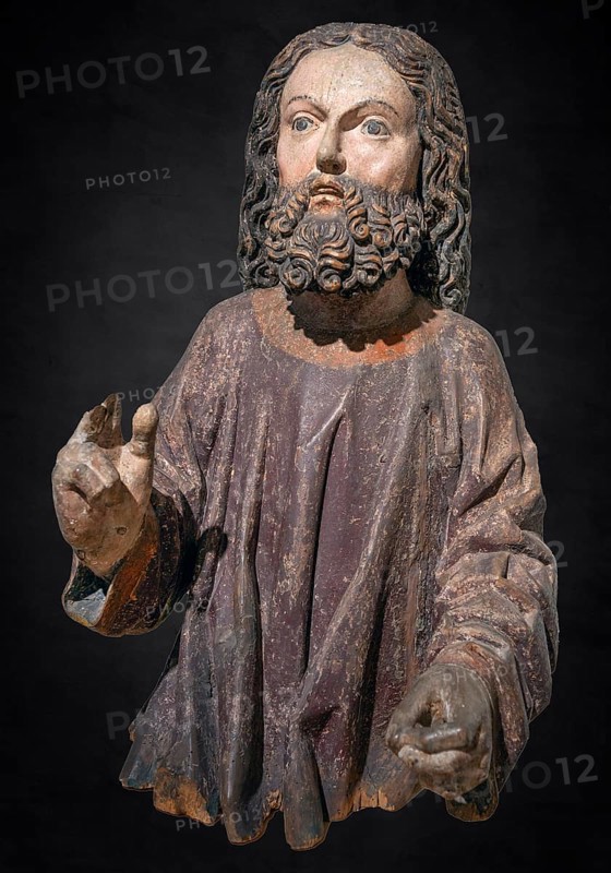Palm tree figure of Jesus, around 1470, on a dark background, only the corpus remains, Strigel Museum, Martin-Luther-Platz 1, Memmingen, Swabia, Bavaria