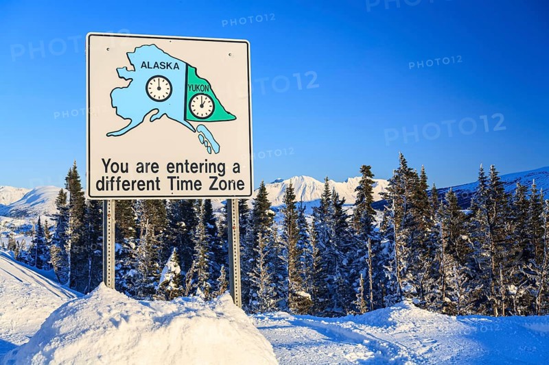Sign, time zones, winter, snow, sunny, Haines Highway, Yukon, Canada, North America