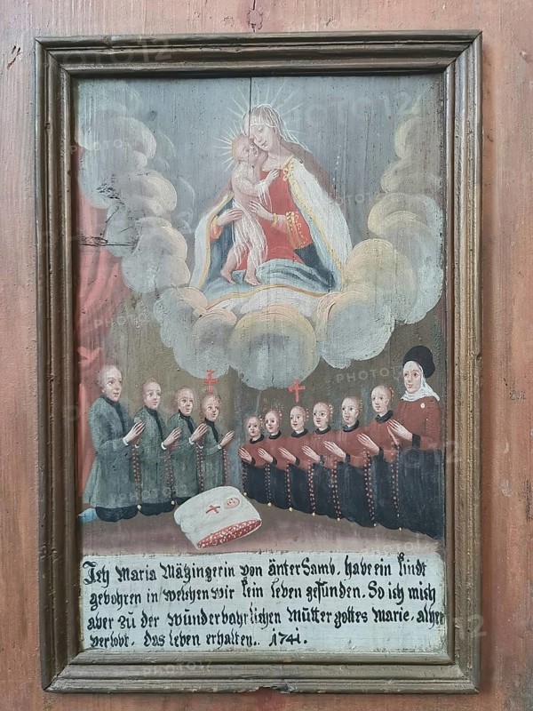 Votive pictures, votive tablets on the walls of the chapel of grace inside the church, pilgrimage church of the Assumption of the Virgin Mary in Sammarei, district of Passau, Lower Bavaria, Bavaria, Germany, Europe
