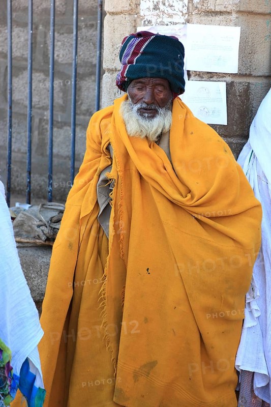Tigray region, Axum city, Aksum, believers, pilgrims, mosque in front of the church, Ethiopia, Africa