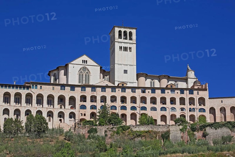 Basilica of San Francesco and monastery seen from the valley, Assisi, Umbria, Italy, Europe