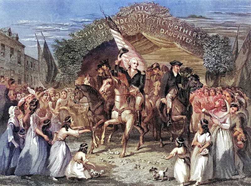 Washington enters Trenton New Jersey USA, 1789, George Washington, 1732-1799, First President of the United States, After a 19th century print by J Rogers after M A Wageman, Historic, digitally restored reproduction from a 19th century original, Record date not stated