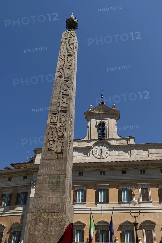 Obelisco di Montecitorio or Obelisco Solare on the Piazza Montecitorio in front of the Palazzo Montecitorio, or Palazzo di Montecitorio, seat of the Chamber of Deputies of the Italian Parliament, Rome, Italy, Europe