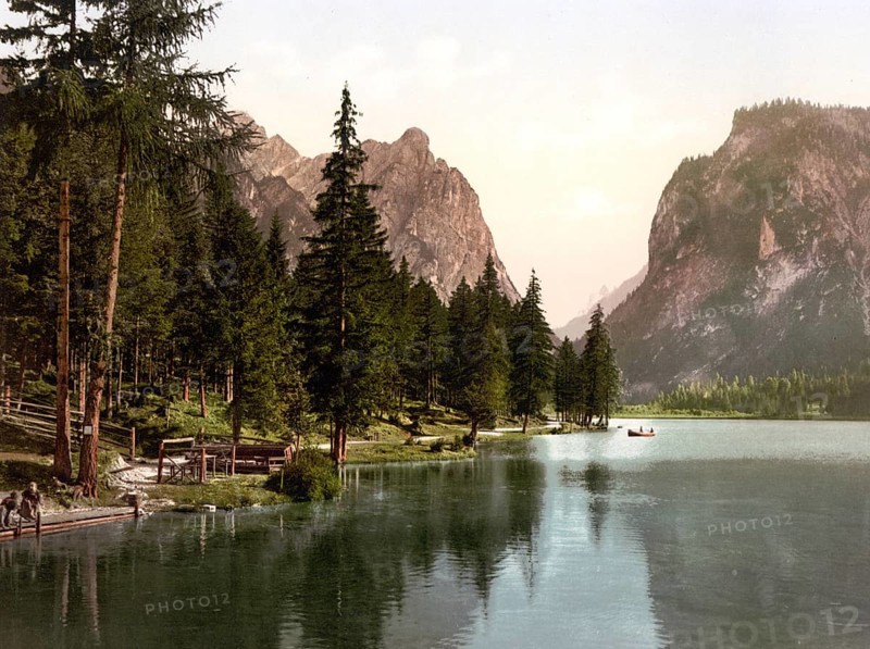 Lake Toblach, Lago di Dobbiaco, a small, originally rugged alpine lake, located in the Höhlenstein Valley at an altitude of 1259 m in the South Tyrolean municipality of Toblach, formerly Austria-Hungary, today South Tyrol, Italy, Historical, digitally restored reproduction from a 19th century original, Record date not stated, Europe