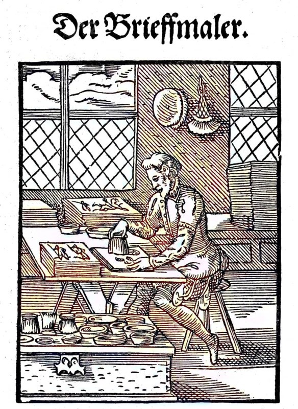 The title, Der Brieffmaler, the woodcut was created by Ammann, the verses are by Hans Sachs, digital reproduction of an original from the 19th century