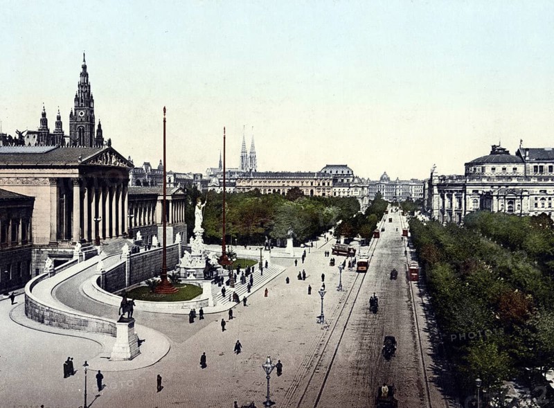 Parliament building and Minerva fountain in Vienna, Austria, Historical, digitally restored reproduction from a 19th century original, Record date not stated, Europe