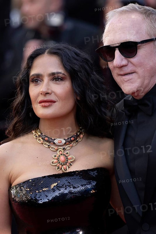 Cannes, France, 18.5.2024: Salma Hayek and Francois-Henri Pinault at the premiere of Emilia Perez on the red carpet of the Palais des Festivals during the 77th Cannes International Film Festival. The 77th Cannes International Film Festival will take place from 14 to 25 May 2024, Europe