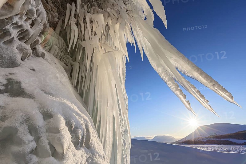 Ice formations, icicles, frozen lake, sun star, sun, snow, mountains, winter, Torneträsk, Laponia, Lapland, Sweden, Europe