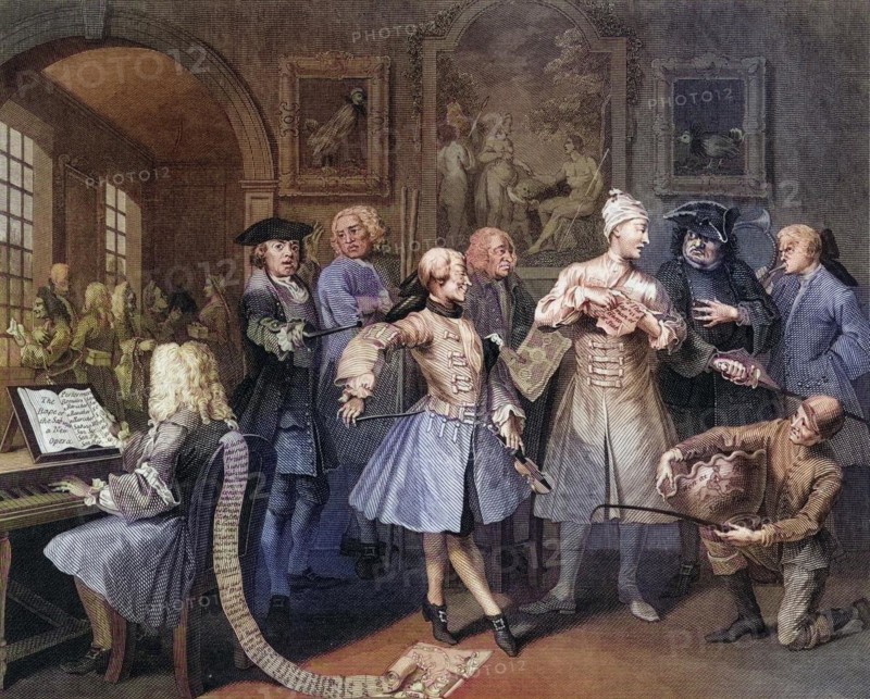 The Rakes Progress Surrounded by artists and professors From the original picture by Hogarth from The Works of Hogarth published London 1833, Historisch, digital restaurierte Reproduktion von einer Vorlage aus dem 19. Jahrhundert, Record date not stated