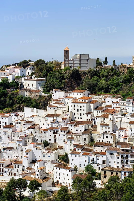 Typical white village of Casares, houses and church on a hill, View of the village, Route of the white villages, Malaga, Andalusia, Spain, Europe