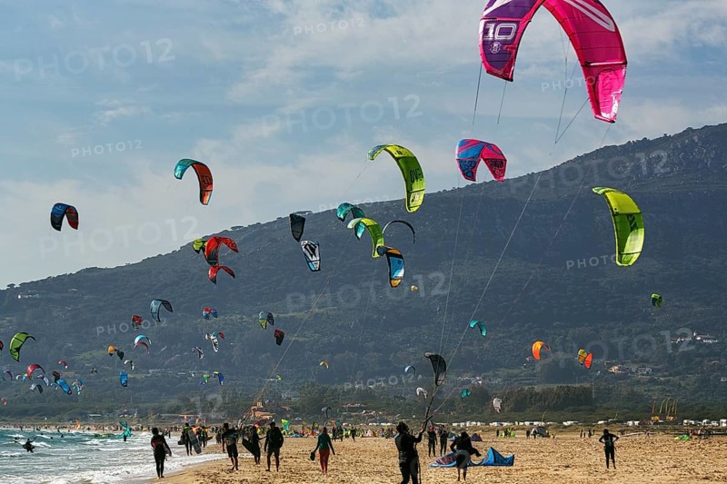 Coastline, countless kitesurfers, hotspot for surfers, Tarifa Beach, Tarifa, Cadiz, Costa de la Luz, Andalusia, Spain, Europe