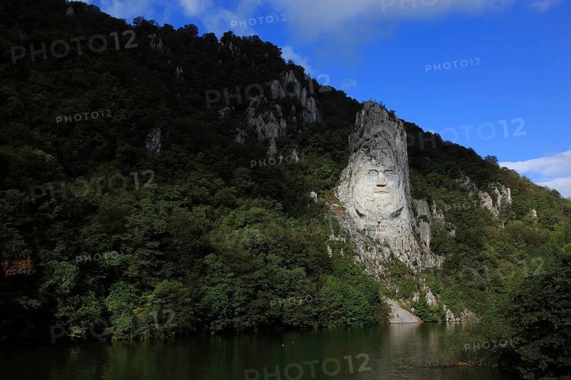 Wallachia, statue of the Dacian king Decebalus, Decebalus Rex Dragan Fecit, 40 metre high statue and at the same time the highest rock sculpture in Europe, is located on a rock formation on the banks of the Danube near the village of Dubova, southwest of the town of Orsova, in the Iron Tor tor nature park Park, Romania, Europe