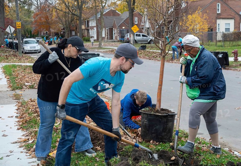 Detroit, Michigan, The nonprofit Greening of Detroit plants trees in the Morningside neighborhood. The work was done by volunteers, many from General Motors