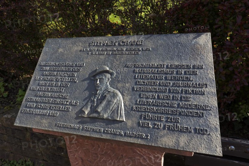 Memorial plaque for the American writer Stephen Crane in front of the house where he died, spa town of Badenweiler, Black Forest, Markgräflerland, Baden-Württemberg, Germany, Europe