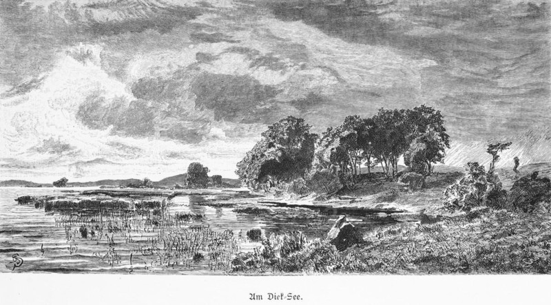 At, Dieksee near Eutin, inland, lakeshore, reeds, water plants, group of trees, cloudy sky, rural idyll, Schleswig-Holstein, Germany, historical illustration 1880, Europe