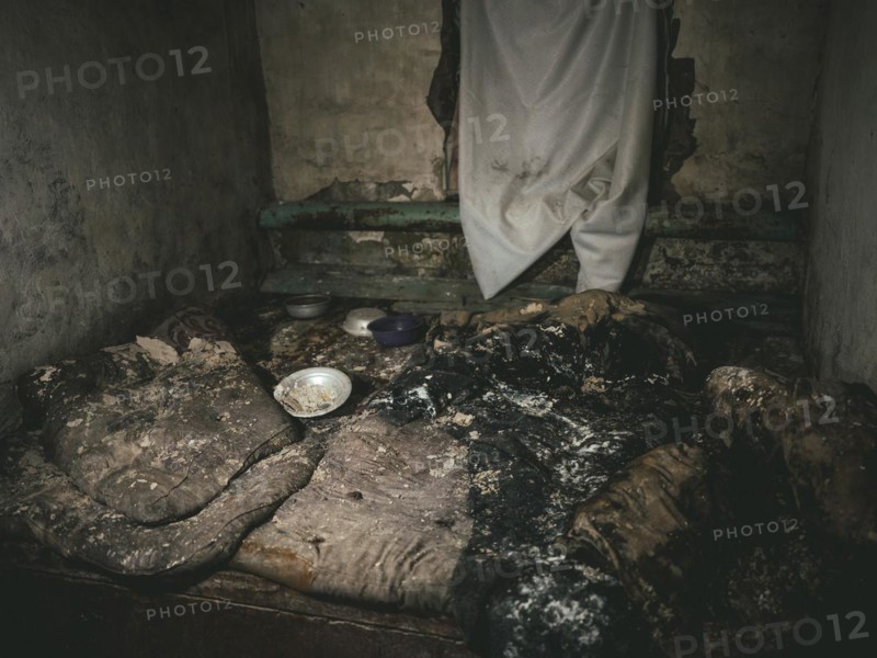 Cell in the basement of the police station. After the occupation of the city by the Russian army, over 200 people were imprisoned, interrogated and tortured here in freezing temperatures, Isjum, Kharkiv, Ukraine, Europe