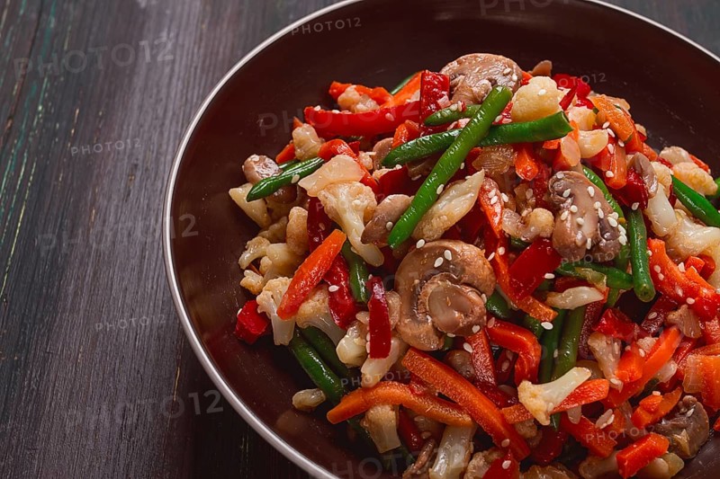 Wok, Asian-style vegetables, street food, mixed vegetables, no people, top view