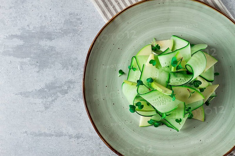 Spring, green salad, cucumber with apple, top view, close-up, no people, microselen radish, healthy eating, spring salad, georgian salad, gazaphuli