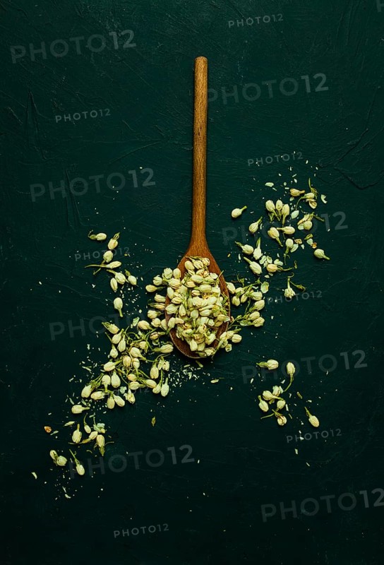 Jasmine flowers, wooden spoon, dry, herbal, tea, top view, no people
