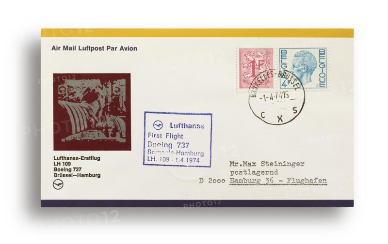 First flight letter, first flight cover, Lufthansa first flight LH109 with Boeing 737 from Brussels, Belgium, to Hamburg, Germany, on 01.04.1974, Europe