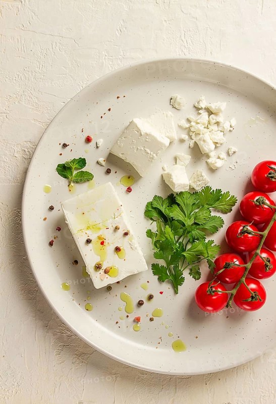 Feta cheese, for salads, with cherry, green butter, greens, on a white plate, appetizer, top view, close-up