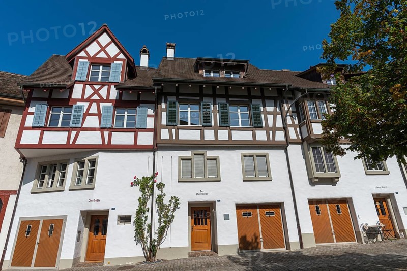 Historic street Fronhof, Stein am Rhein, half-timbered house, house names, shutters, cobblestones, Canton Schaffhausen, Switzerland, Europe