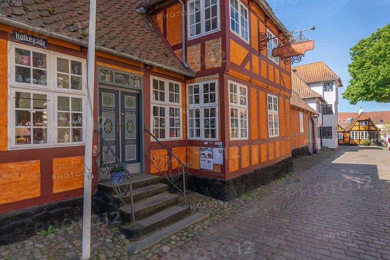 Fåborg, Faaborg, picturesque old town with colourful houses, Den gamle Gaard, the old courtyard, street, half-timbered houses, cobblestones, Fyn, island of Funen, south coast, Danish South Sea, Denmark, Europe