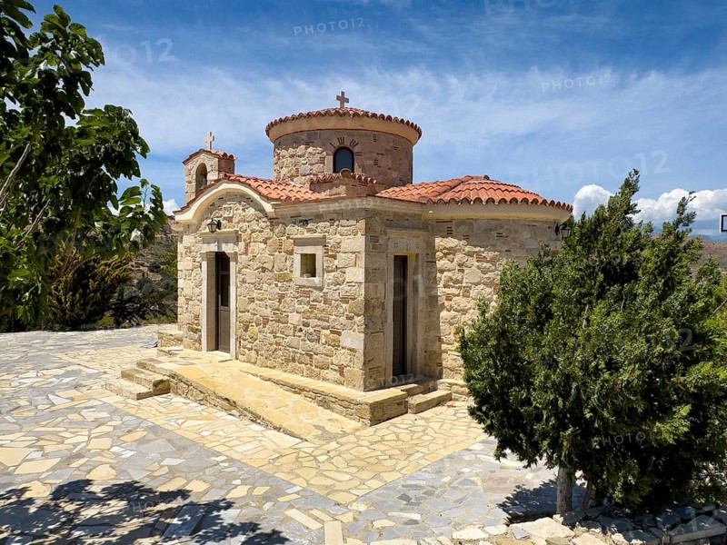 Small church chapel in Byzantine style architectural style on the grounds of Unesco Site Site Orthodox Greek Orthodox Monastery Moni Odigitria, Festos, Crete, Greece, Europe