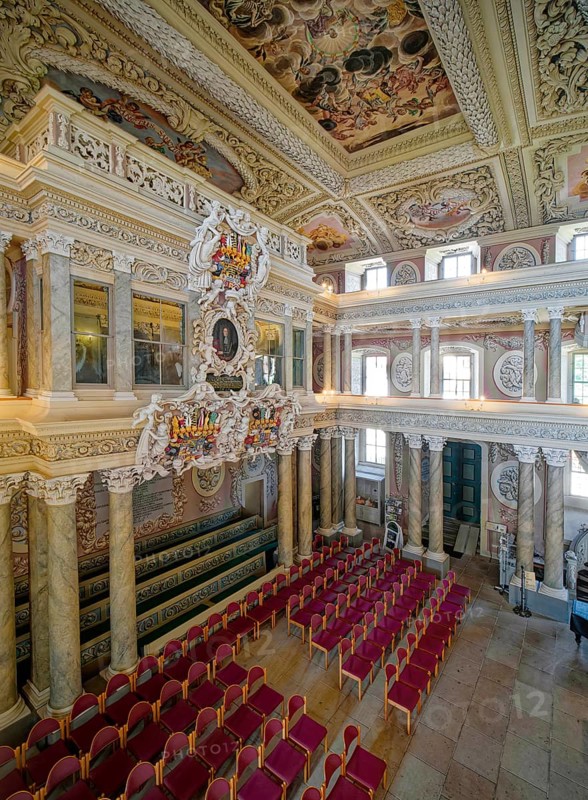 Coat of arms and portrait on the princely gallery, ceiling design, baroque church, baroque castle church St. Trinitatis at Christiansburg Castle, interior view, Eisenberg, Saale-Holzland district, Thuringia, Germany, Europe