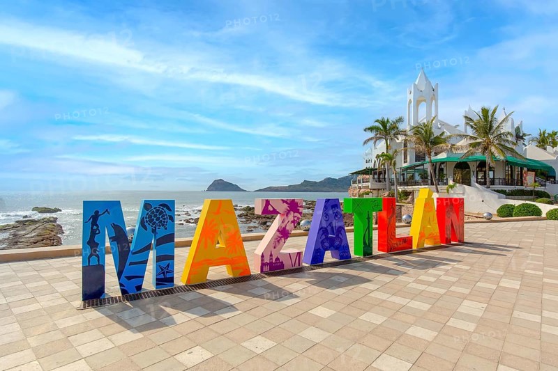 Mazatlan, Mexico-10 March, 2020: Big Mazatlan Letters at the entrance to Golden Zone (Zona Dorada), a famous touristic beach and resort zone in Mexico
