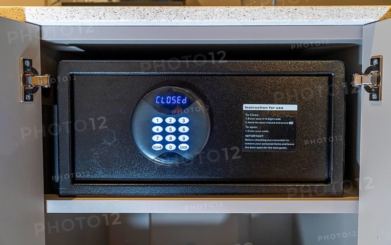 Room safe in a hotel, keypad for entering a 6-digit numerical code to lock the safe for depositing valuables
