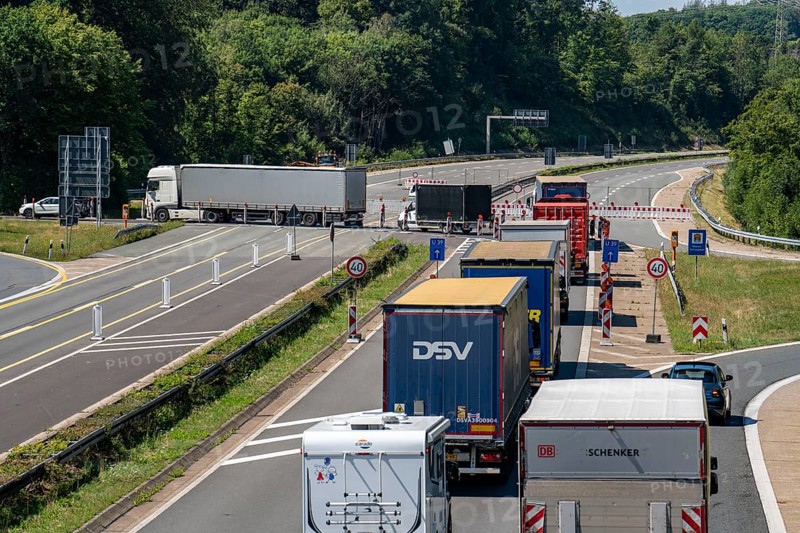 A45 motorway, coming from the south, traffic is diverted in front of the Lüdenscheid junction, in front of the completely closed Rahmede viaduct, which is being blown up and rebuilt due to massive damage to the supporting structure, Lüdenscheid, North Rhine-Westphalia, Germany, Europe