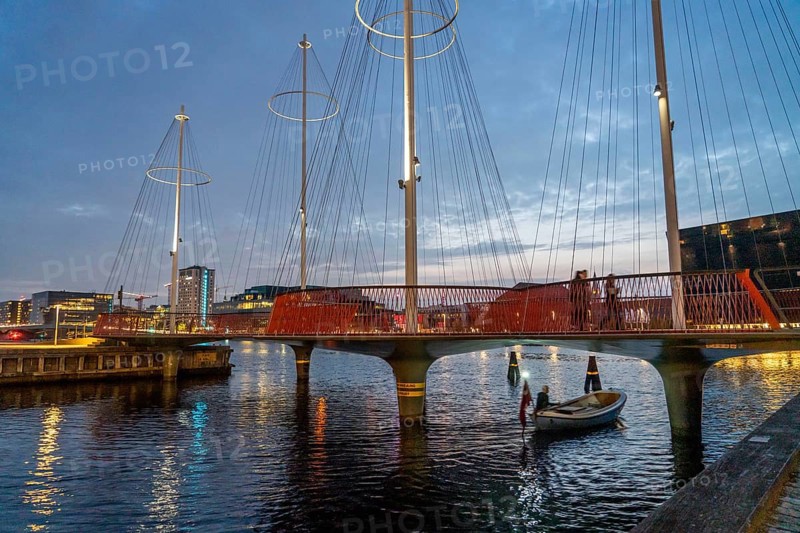 Cyclists on the Cirkelbroen cycle and pedestrian bridge, over the harbour, in the Christianshavens district, Copenhagen is considered the cycling capital of the world, 45 % of the population travel by bike, Denmark, Europe