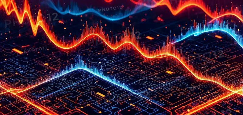 Abstract illustration of digital wave forms and circuits converging to form abstract symbols of various sports, then dispersing into flowing particles, AI generated