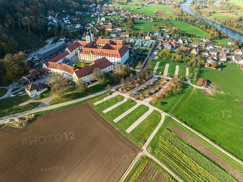 Aerial view of Plankstetten with Benedictine Abbey, Plankstetten, Berching, Bavaria, Germany, Europe