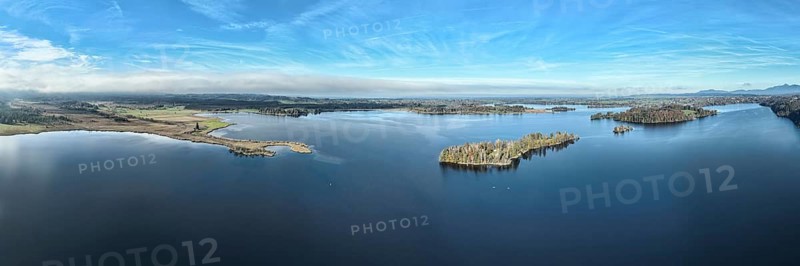 Panorama aerial view of lake Staffelsee near Murnau, Murnaue Moss to islands Wörth, Kleine Birke, Große Birke, autumn colors, Allgaeu, Bavaria, Germany, Europe
