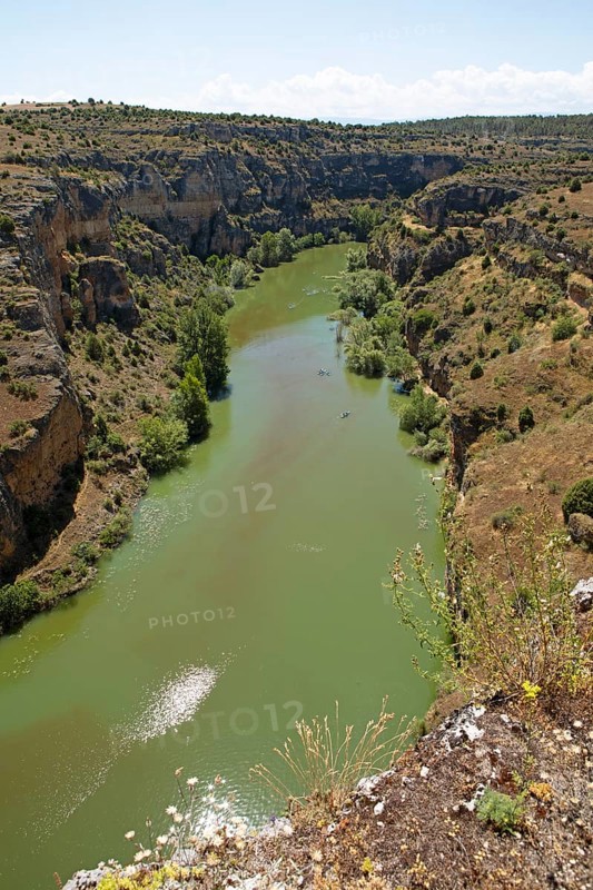 Canoeists in the Duratón river gorge, Hoces del Rio Duratón Natural Park, Segovia province, Castile and Leon, Spain, Europe