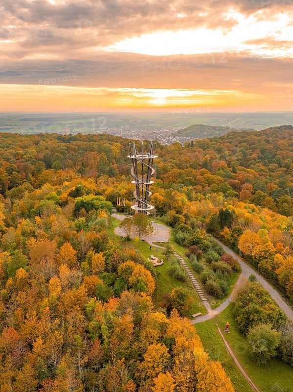Observation tower in an autumnal forest landscape at sunset with colourful foliage and paths, Schönbuchturm, Herrenberg, Germany, Europe