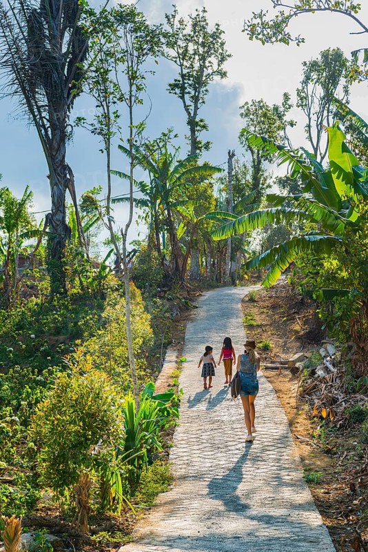 Footpath, jungle, woman, children, family, excursion, hike, pedestrian, person, palm trees, forest, rainforest, tropics, tropical, Bali, Indonesia, Asia