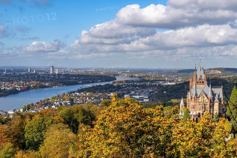 Drachenburg Castle, on the Drachenfels, a mountain in the Siebengebirge on the Rhine between Bad Honnef and Königswinter, view towards Bonn, North Rhine-Westphalia, Germany, Europe